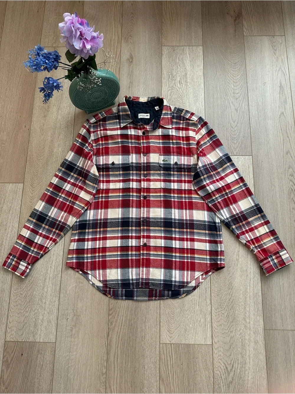 Lacoste Red Navy Plaid Button-Down Shirt classic fit Size L - Picture 3 of 10